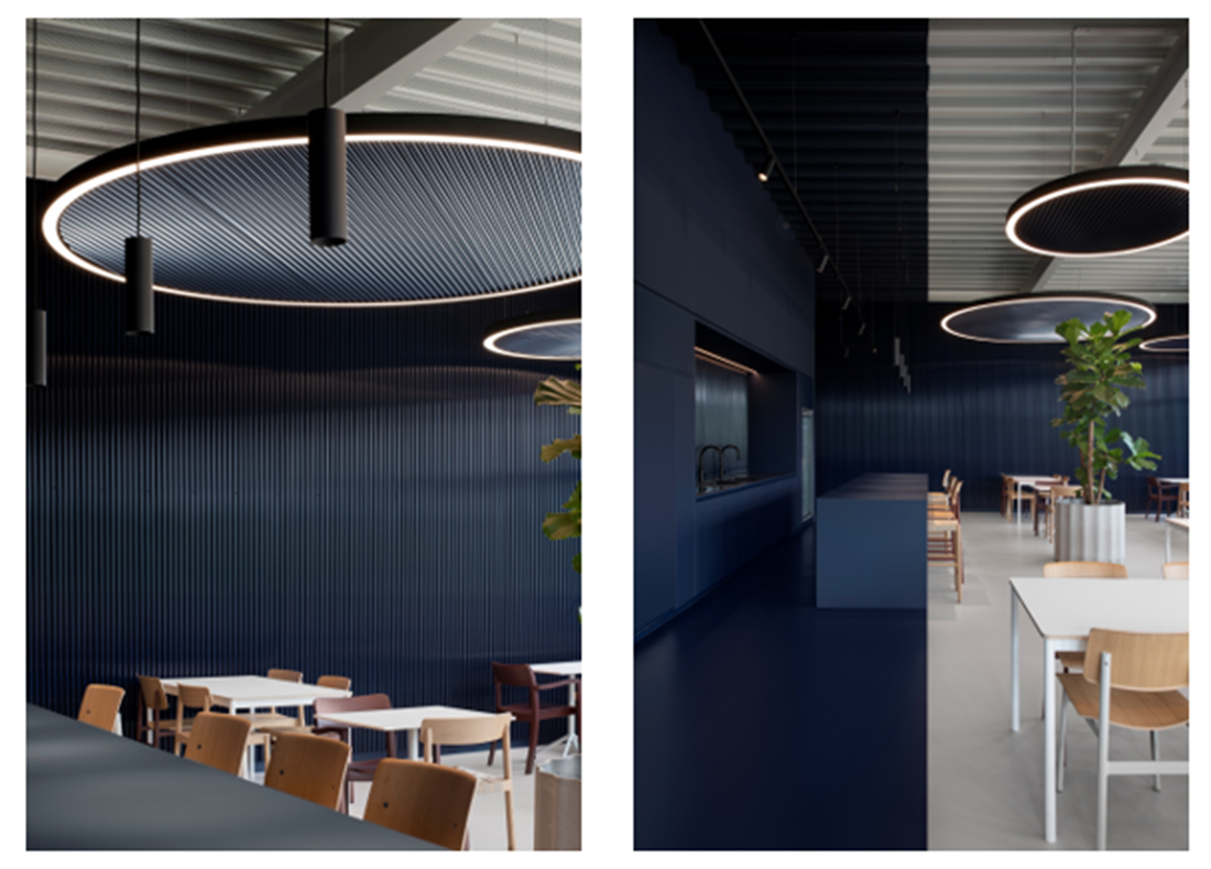 Suspensions rondes, tôle ondulée: les éléments sont choisis dans les détails pour correspondre à l'entreprise